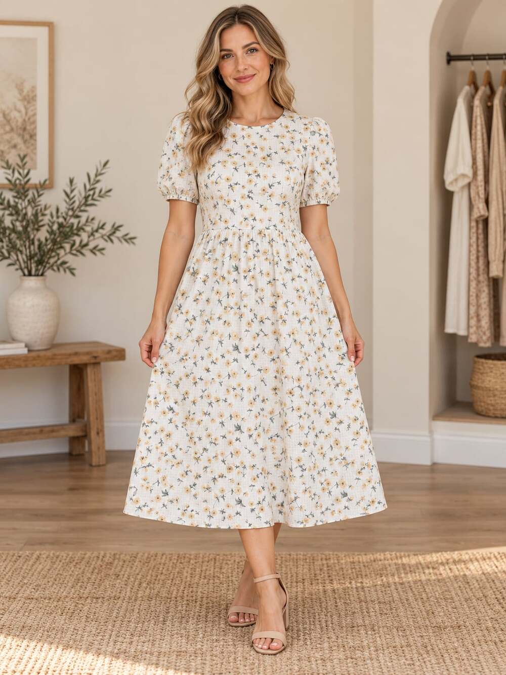 DAZY Floral Puff Sleeve Midi Dress Ivory Yellow Cottagecore Women’s XL